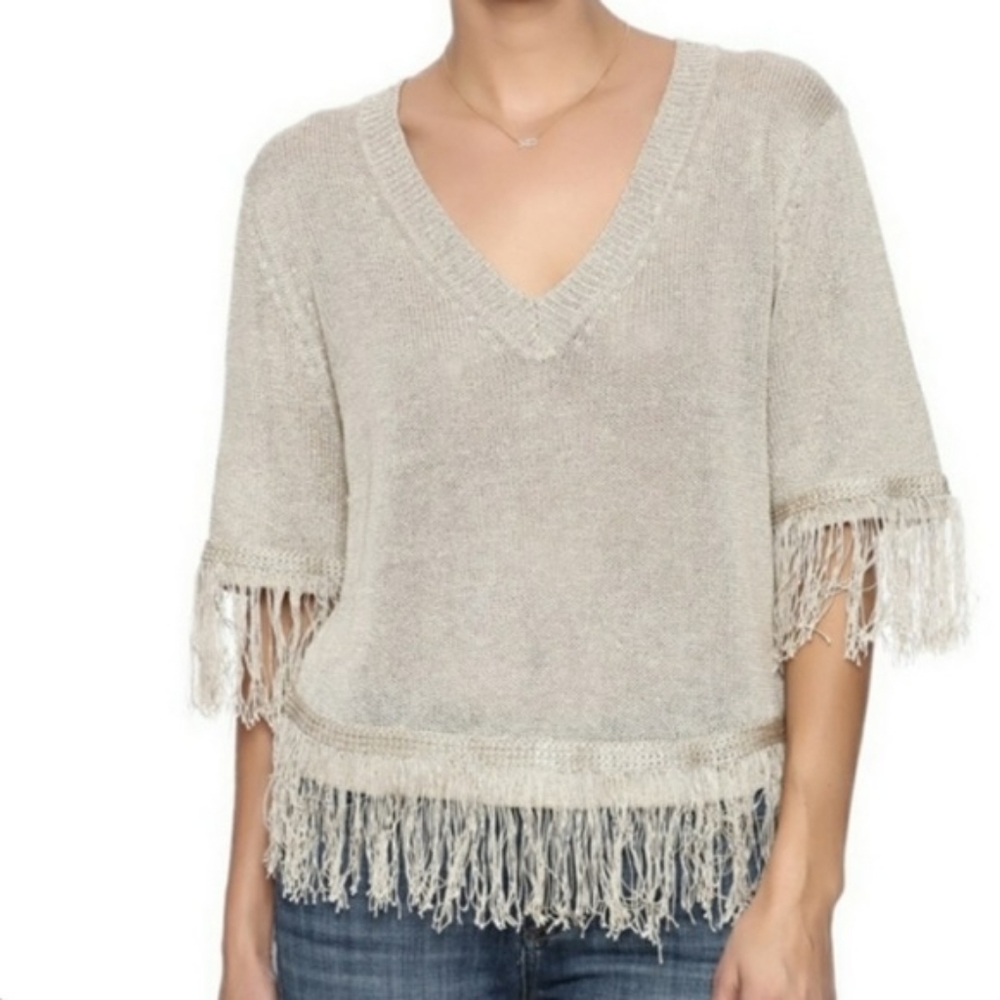 Bishop + Young Oatmeal Fringe V-Neck Sweater Size M